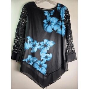 Floral Black Blouse Womens Sz M 3/4 Sleeve Scoop Neck Silk Mesh and Lace